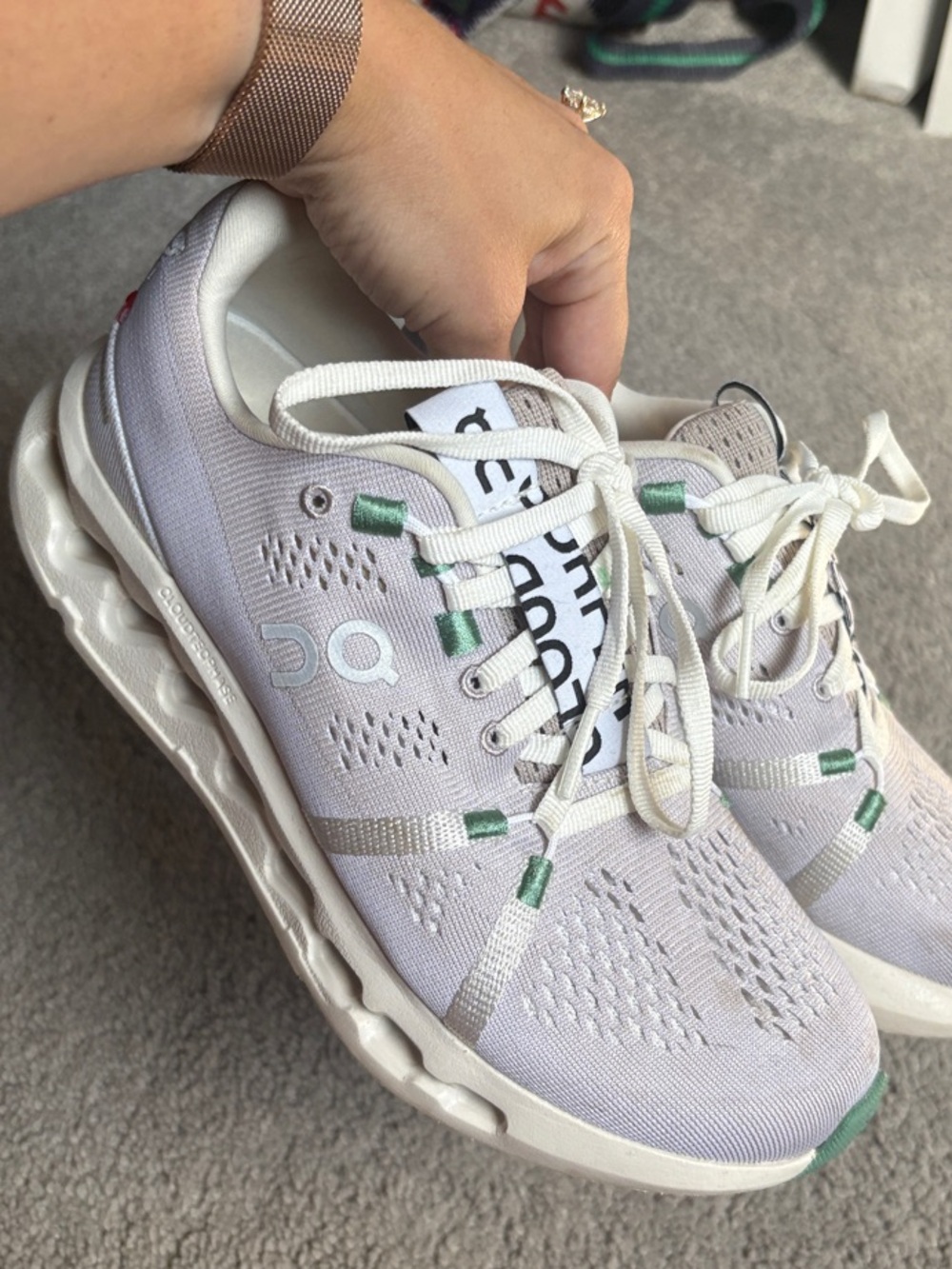 On Running Women’s Cloud Sneakers in Light Gray with Green Highlights